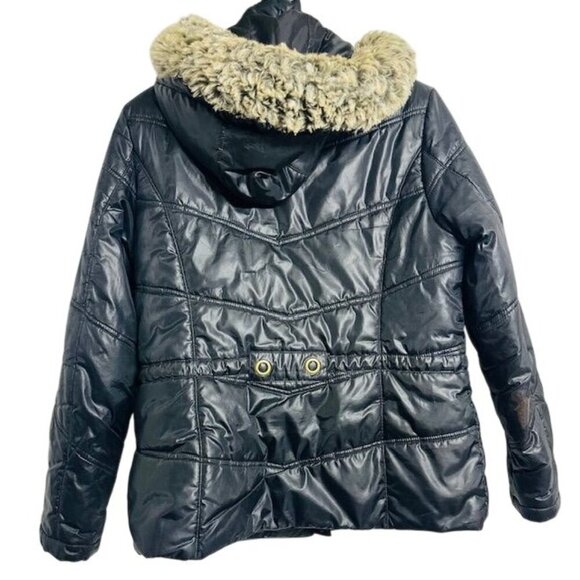 Classic Elements Outerwear Y2K Black & Gold Quilted Faux Fur Hood Women Jacket L - Picture 4 of 8